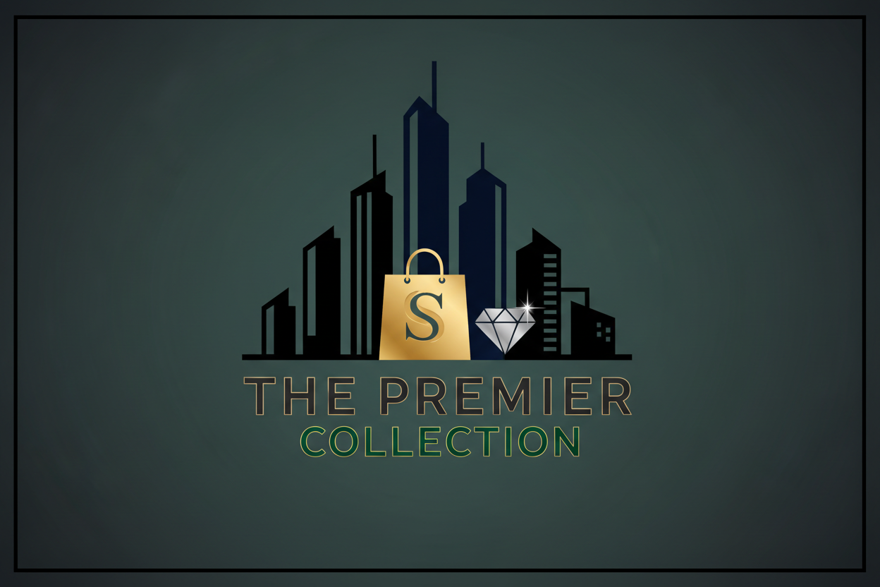 Incorporate a refined, minimalist city skyline silhouette that conveys sophistication and exclusivity. Blend the skyline subtly with premium shopping or commerce elements—such as a sleek gold emblem, a refined monogram, or an abstract luxury symbol—while maintaining a clean, uncluttered look. Use a luxurious color palette featuring black, deep navy, charcoal, or emerald paired with metallic accents like gold or platinum. The typography should be modern, classy, and timeless, using a premium serif or high-en